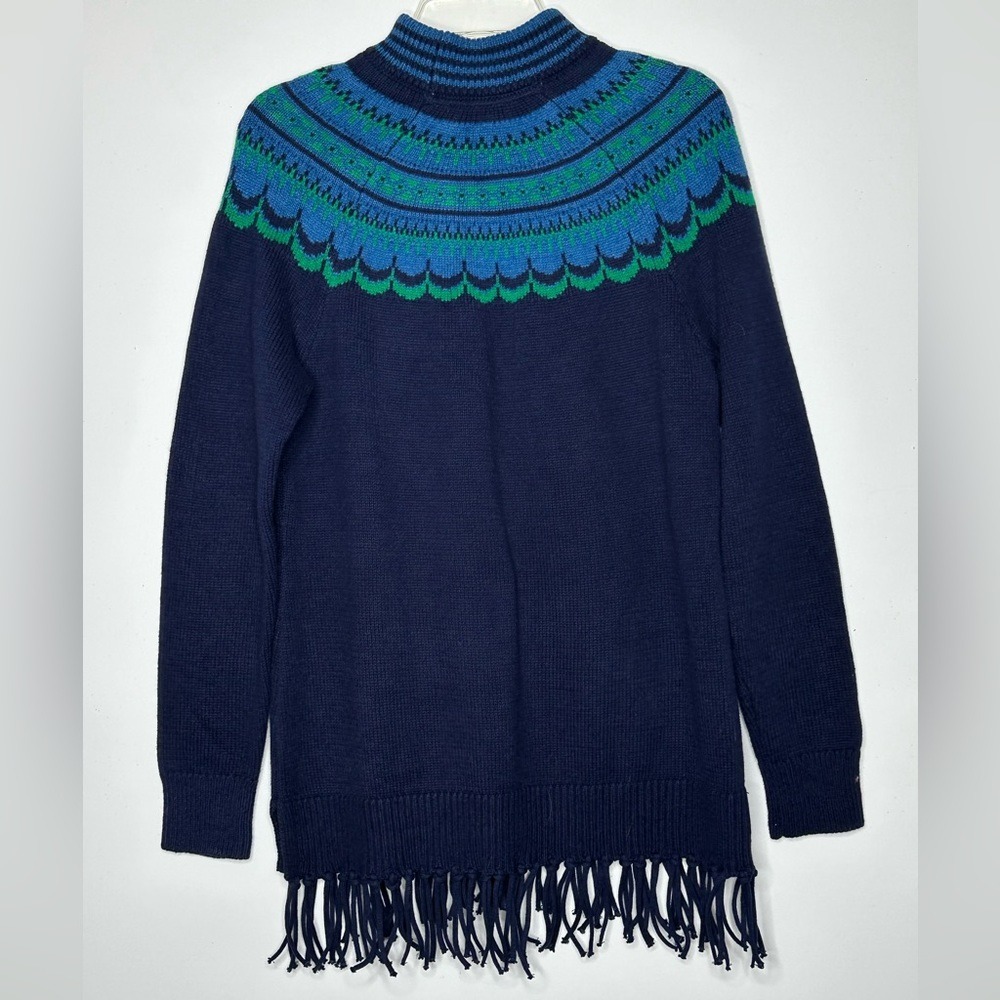 Isaac Mizrahi Live Womens Navy Fair Isle Fringe Hem Mock Neck Tunic Sweater Sz M - Picture 2 of 6